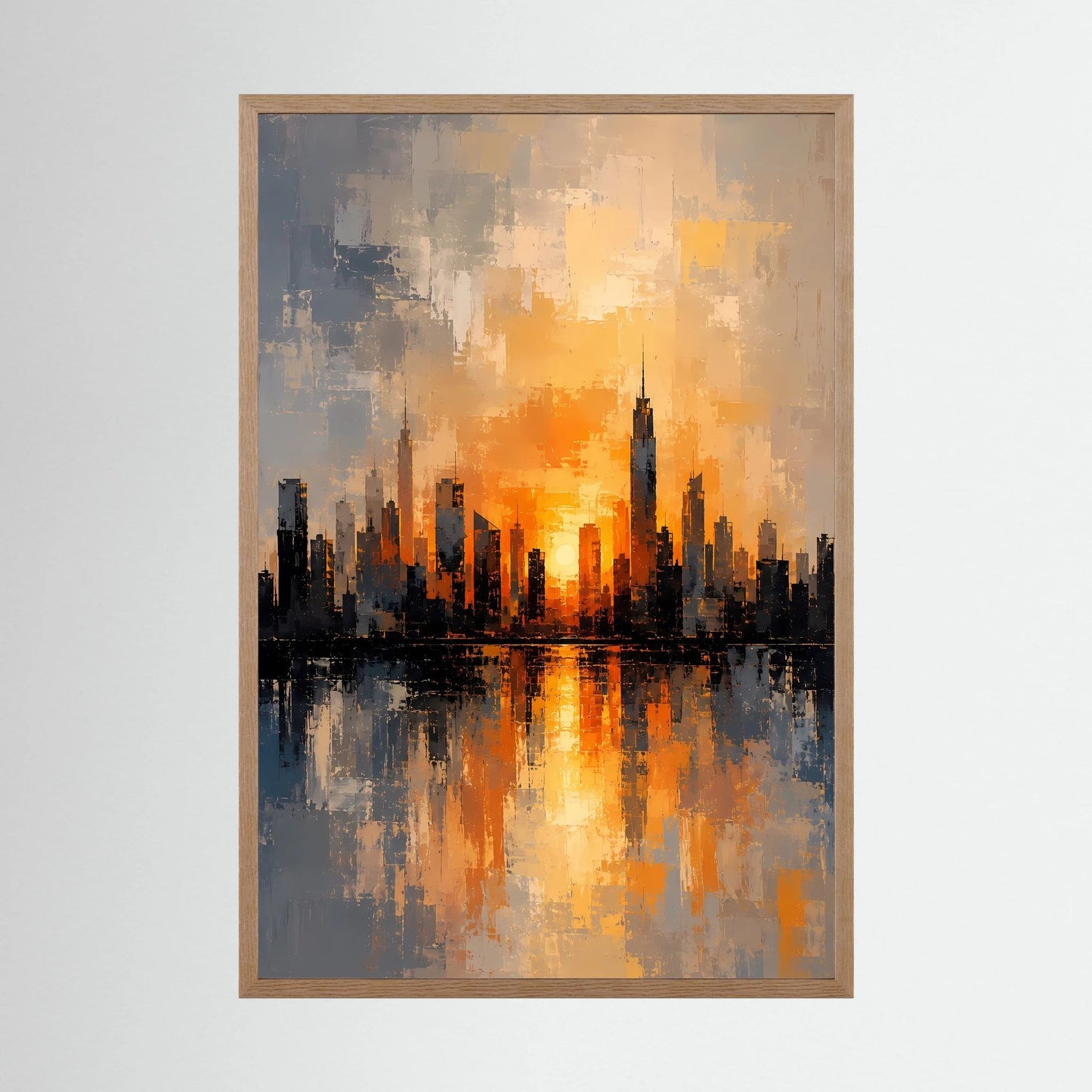 Poster Hochformat mit abstrakter Skyline im Sonnenuntergang, Orange-Gold, im hellen Holzrahmen