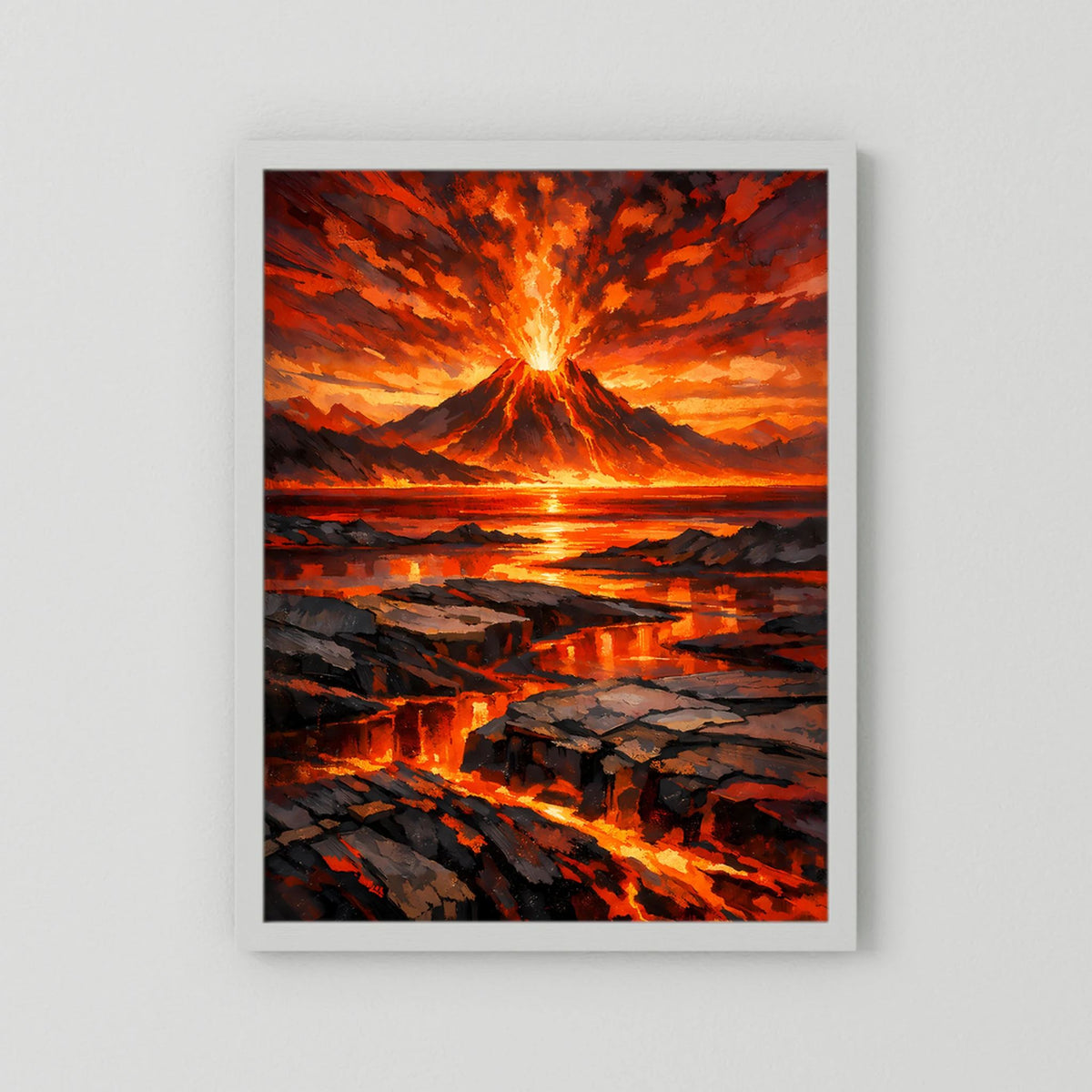 Hochformat-Poster mit weißem Rahmen: brennender Vulkan, Lavaflüsse und orangefarbene Glut