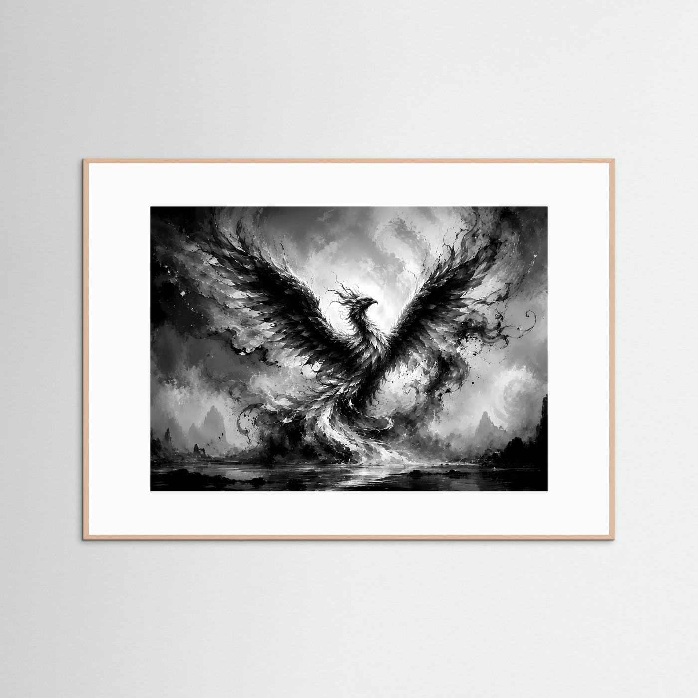 Phönix aus Licht und Schatten | Mystische Schwarz-Weiß Wandkunst – Abstrakter Feuervogel