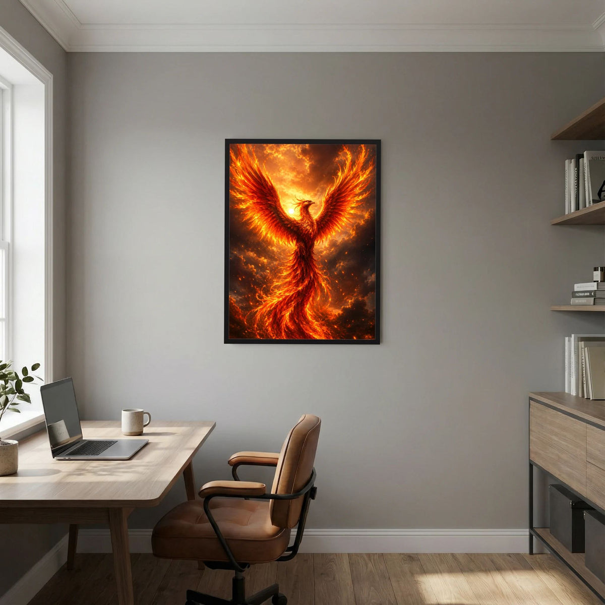 Wandposter mit Phönix in Feuer, goldorange Flügel und Funken im schwarzen Rahmen
