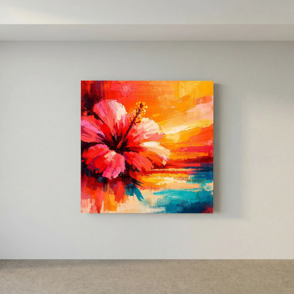 Abstraktes Hibiskusblütenbild auf Leinwand mit orangefarbenem Himmel und blauen Akzenten