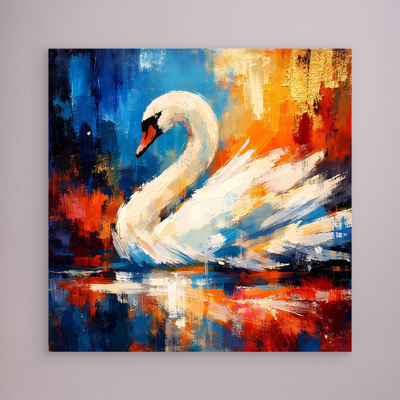 Leinwandbild mit weißem Schwan im abstrakten Blau-Orange-Motiv, ohne sichtbaren Rahmen