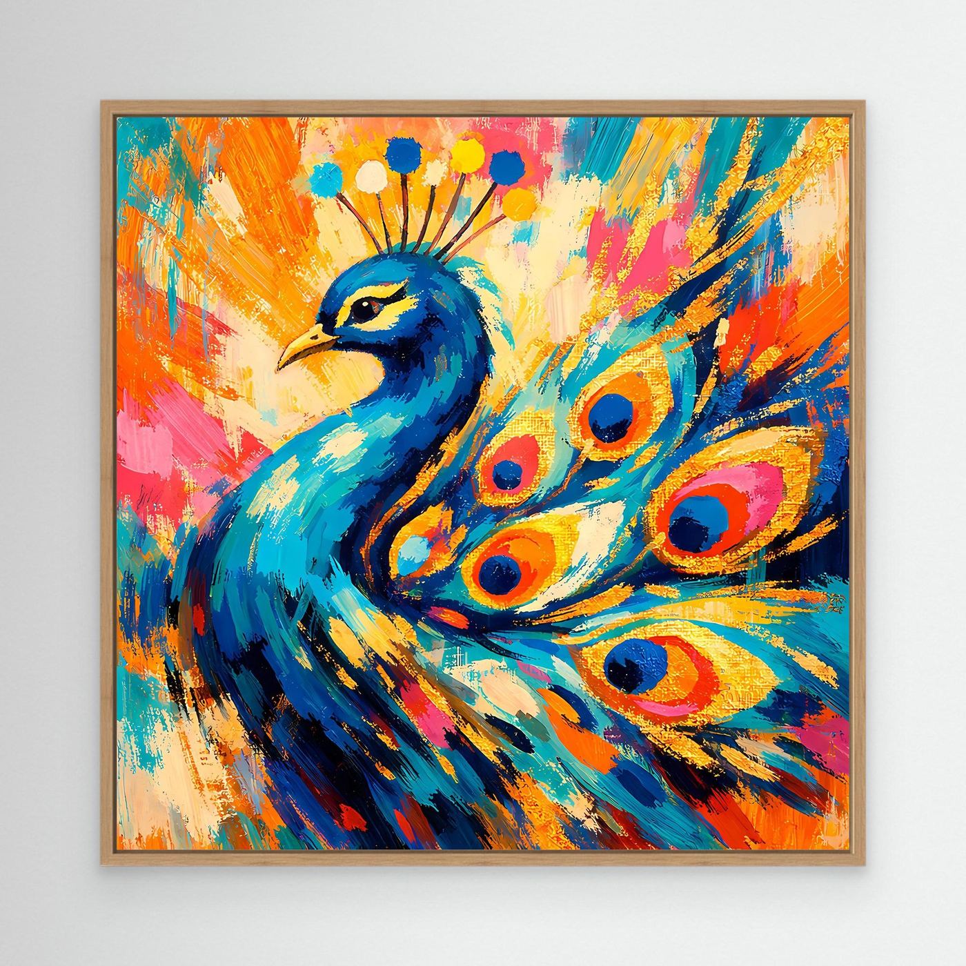 Leinwandbild mit abstraktem Pfau im Holzrahmen, blaugrüner Vogel und farbige Augen