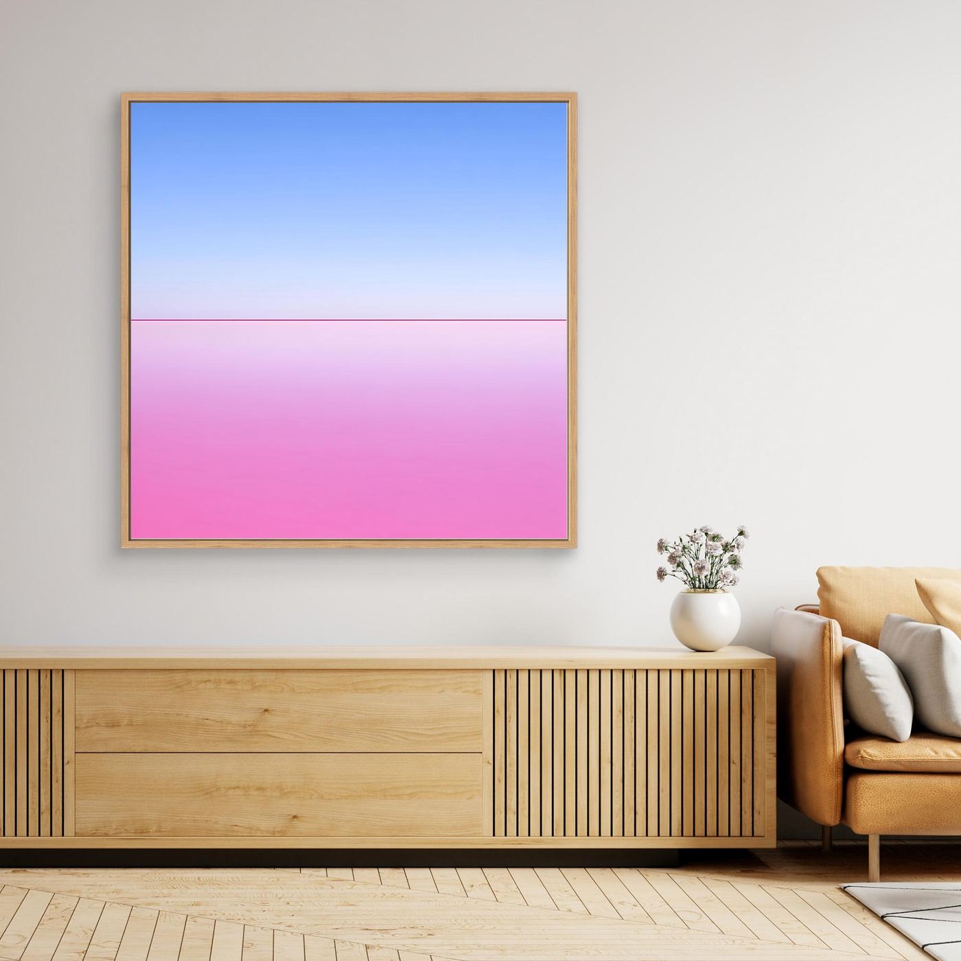 Abstraktes Horizont-Leinwandbild mit Blau-Pink-Verlauf, quadratisch, Eichenrahmen