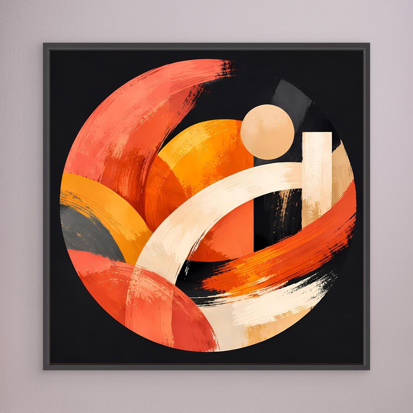 Gerahmtes Leinwandbild mit abstraktem geometrischem Kreis in Orange und Beige, schwarz gerahmt
