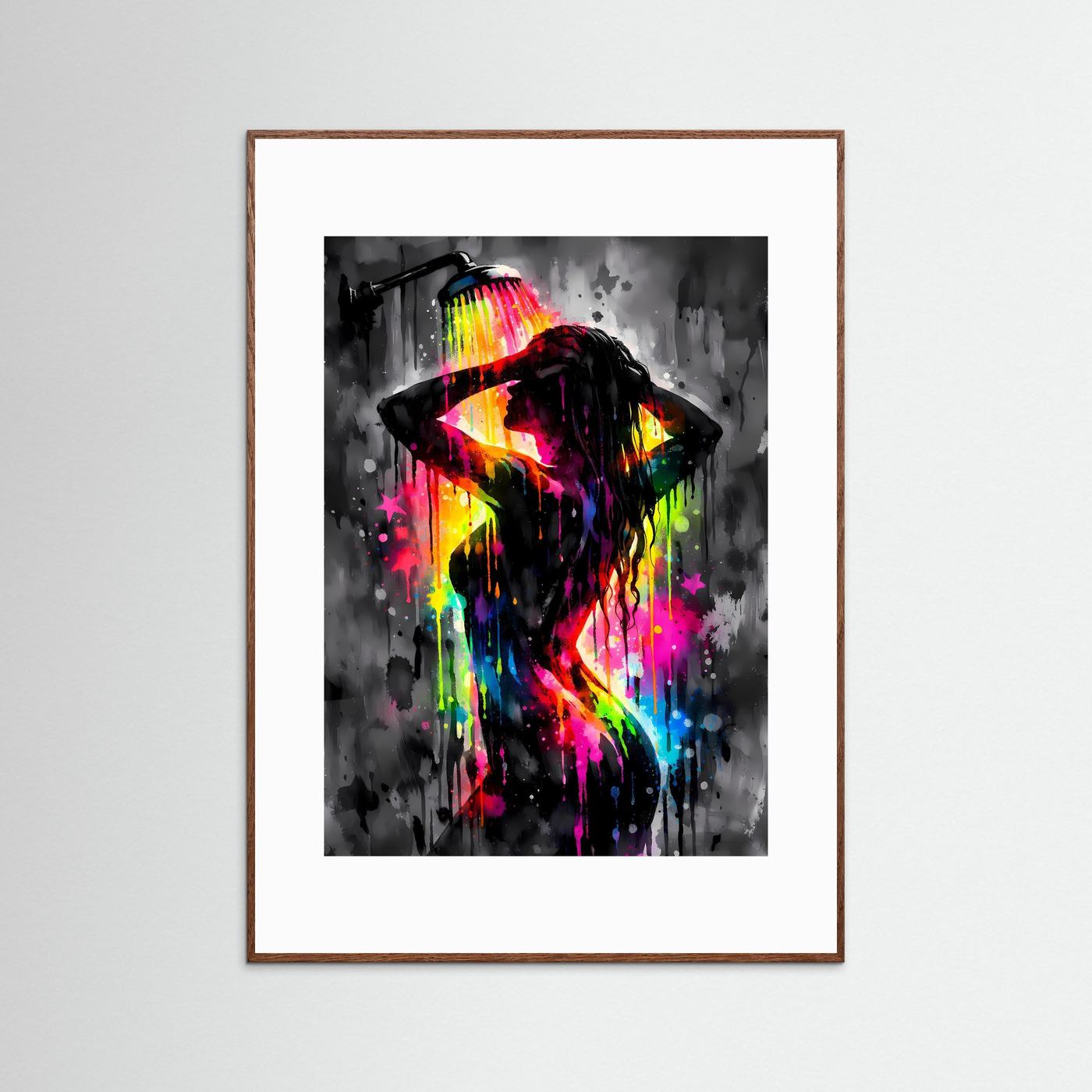 Die Kunst der Erfrischung | Neon Dusch-Poster mit weiblicher Silhouette & Regenbogen-Farben | Abstraktes Pop-Art Kunstposter Hochformat
