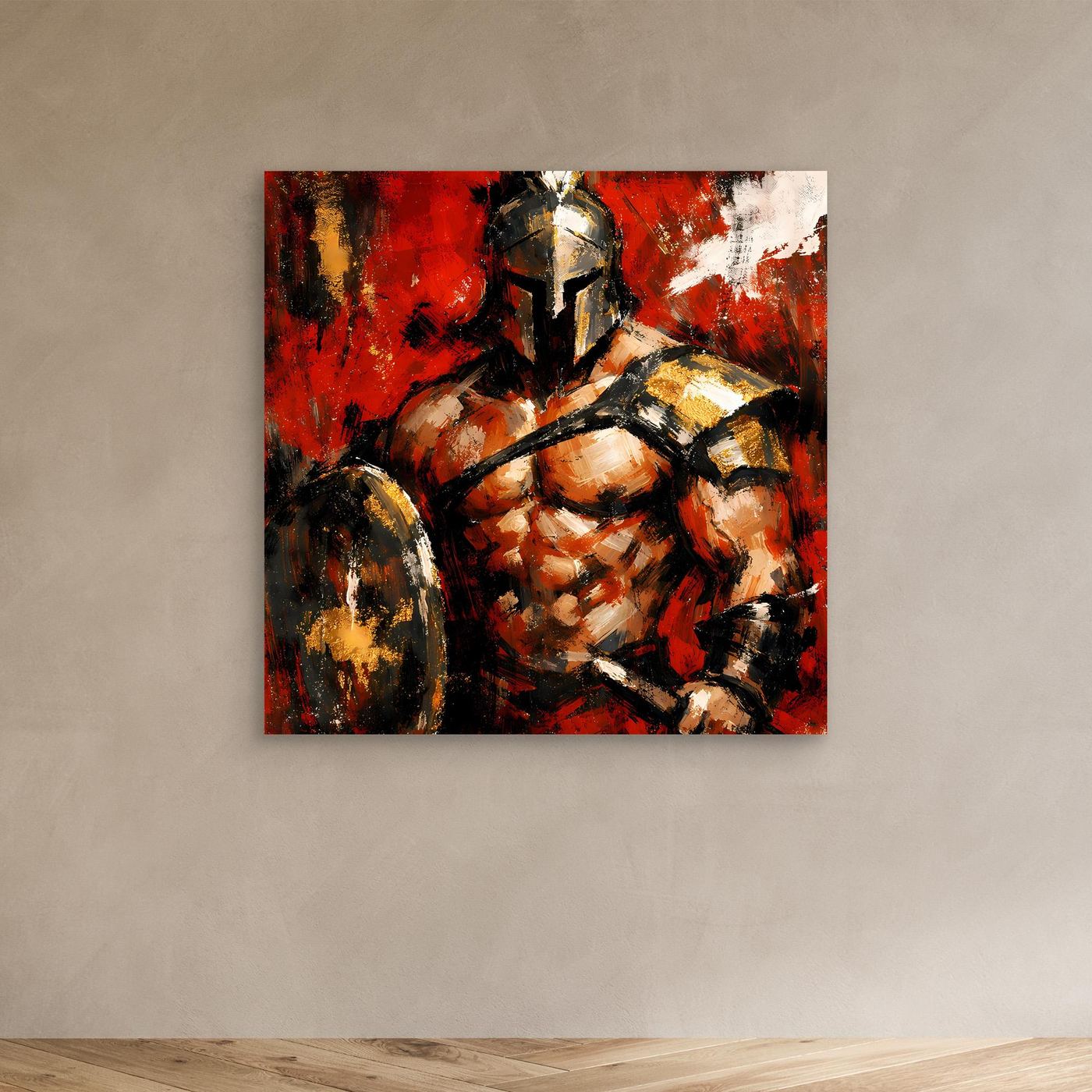 Leinwand Legendärer Spartaner in Rot | Abstraktes Krieger Wandbild Gold