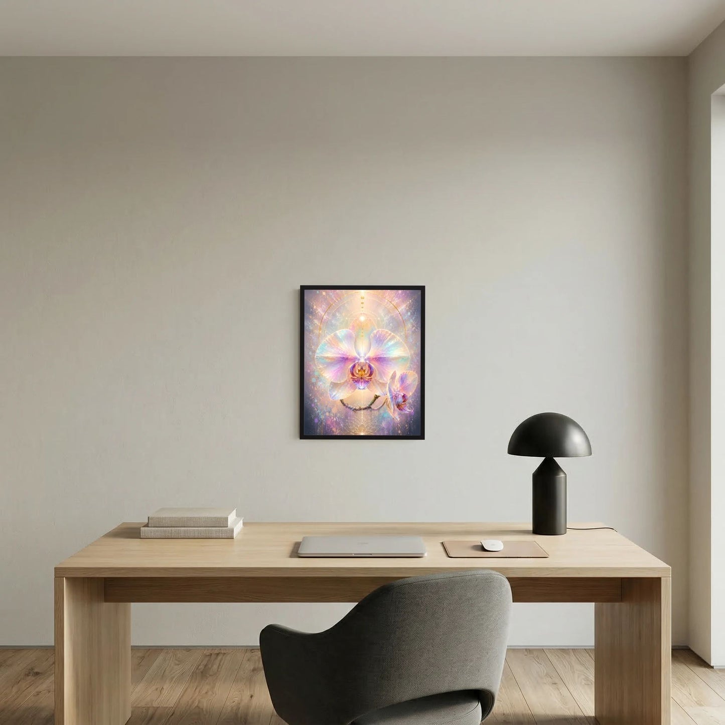Gerahmtes Orchideenposter mit abstrakter Orchideenblüte in Pastellrosa, Lila, Türkis und goldenen Akzenten