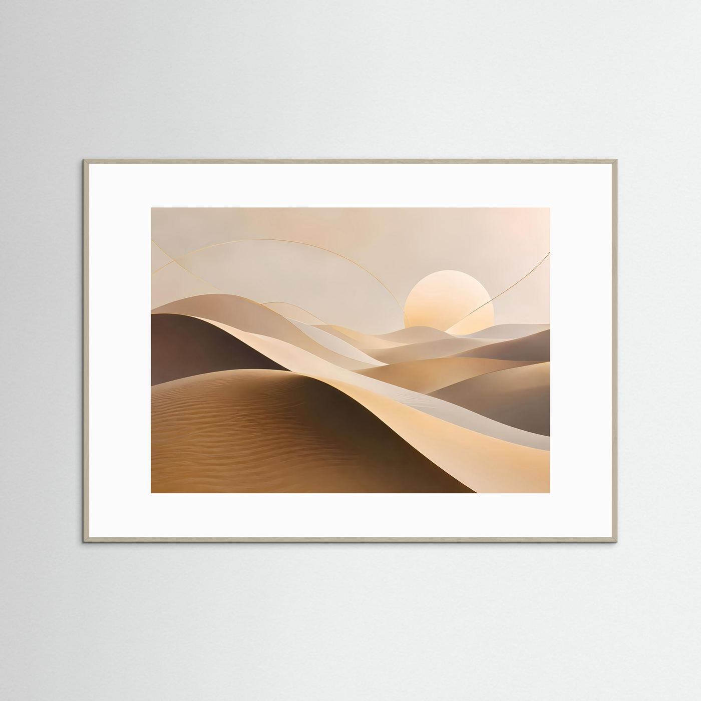 Querformat-Poster mit Sanddünen-Motiv in Beige und Braun im beigen Rahmen