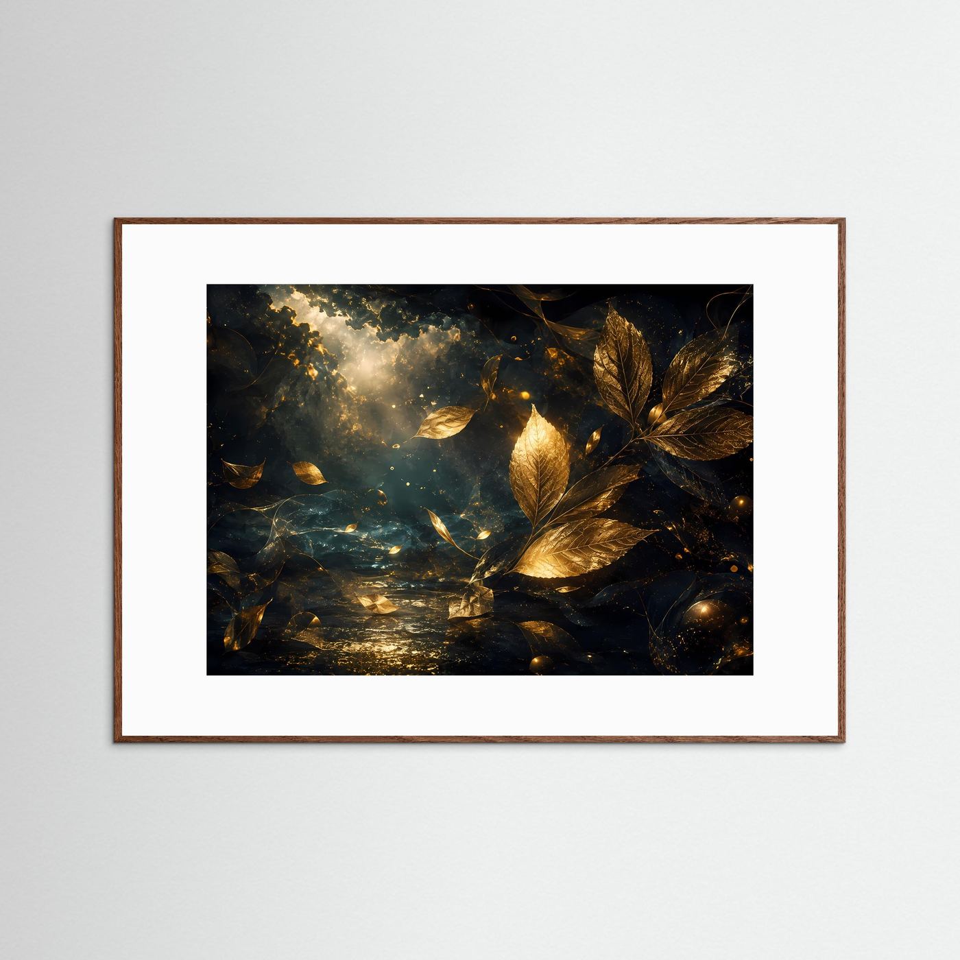 Abstrakte botanische Wandkunst mit goldenen Blättern, in braunem Holzrahmen und weißem Passepartout
