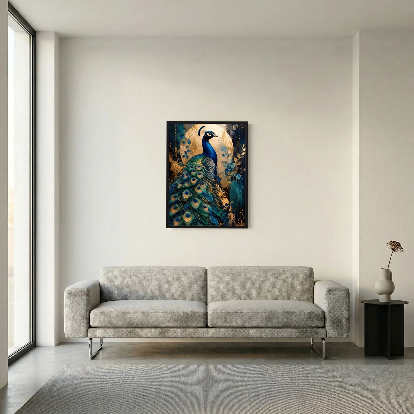 Pfau-Poster in Blau und Gold, schwarzer Rahmen