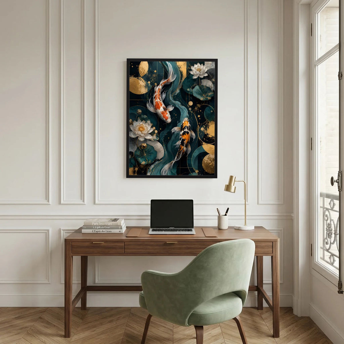Poster im Hochformat mit Koi-Fischen und Lotusblüten in Petrol und Gold, schwarzer Rahmen