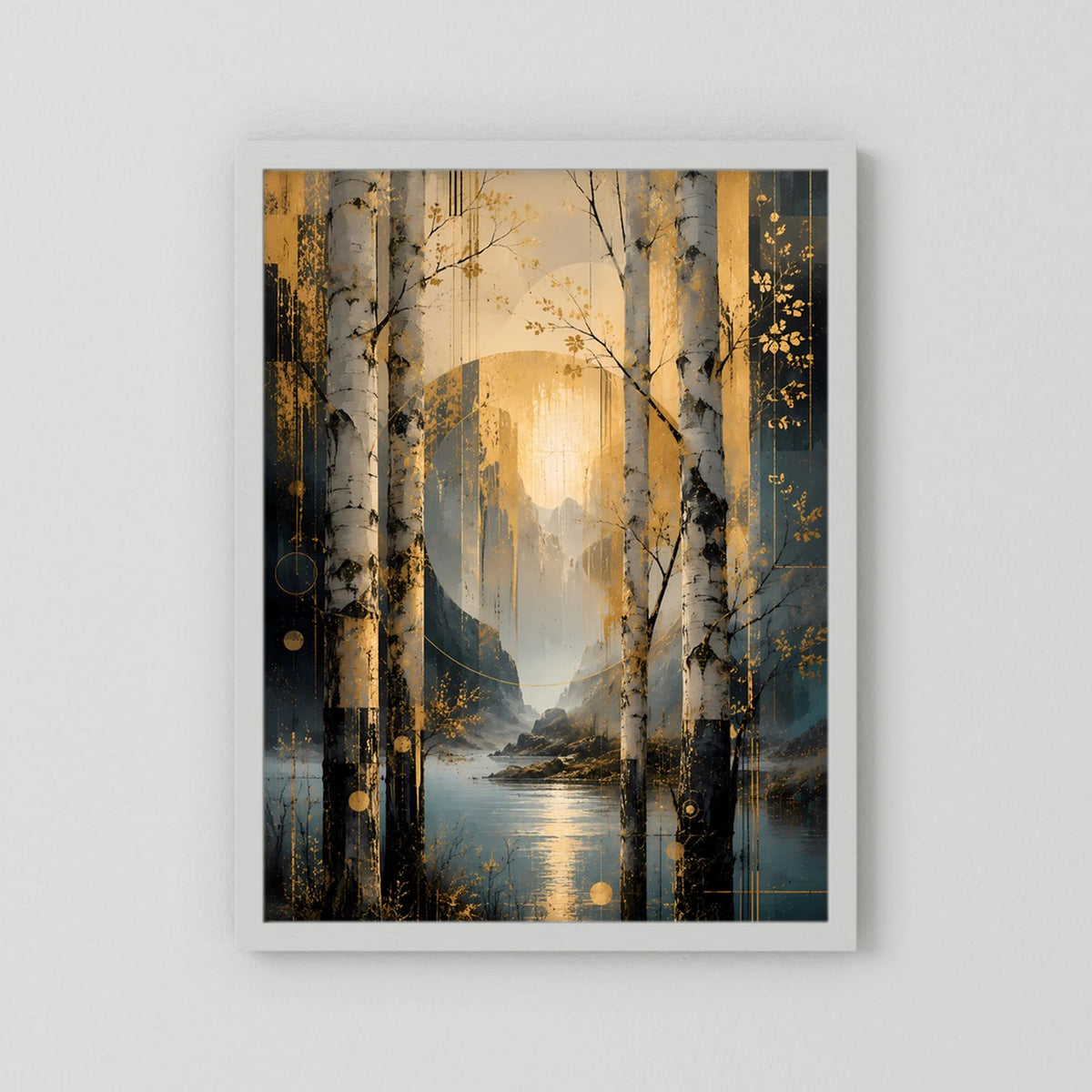 Poster im Hochformat mit Birkenwald und See, goldene Elemente, petrolfarbene Details