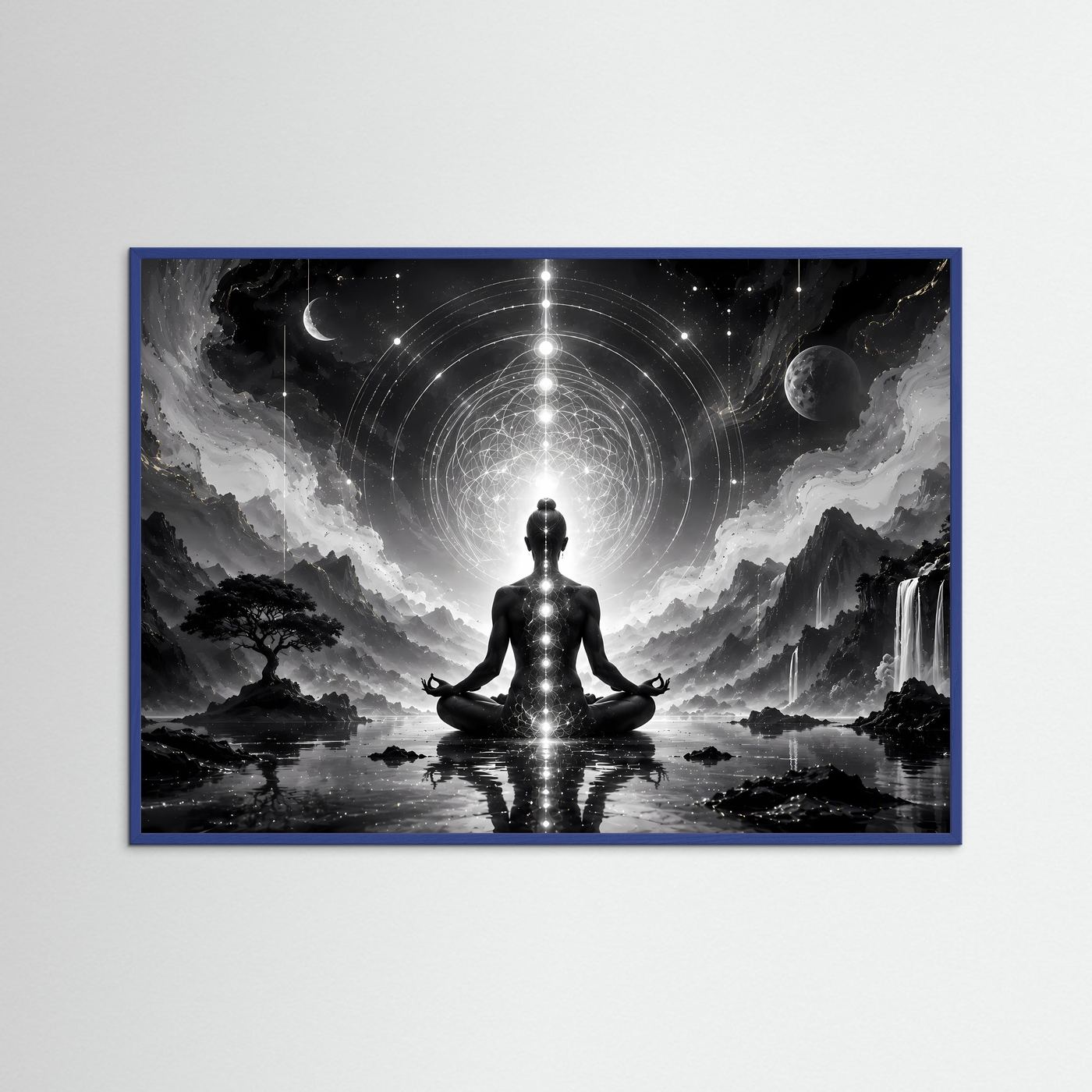 Meditation Schwarz Weiß | Spirituelles Wandbild mit Chakren & Heiliger Geometrie