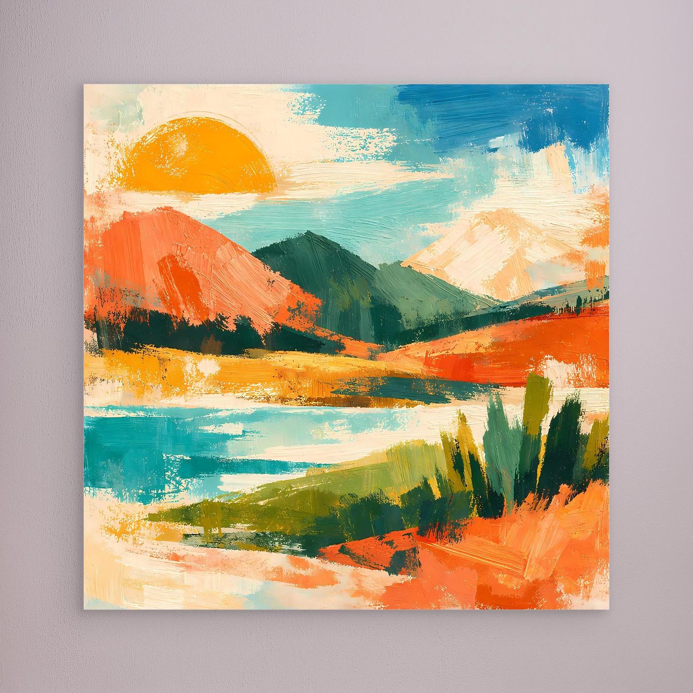Abstraktes Leinwand-Wandbild mit See, Bergen und gelber Sonne, ohne sichtbaren Rahmen