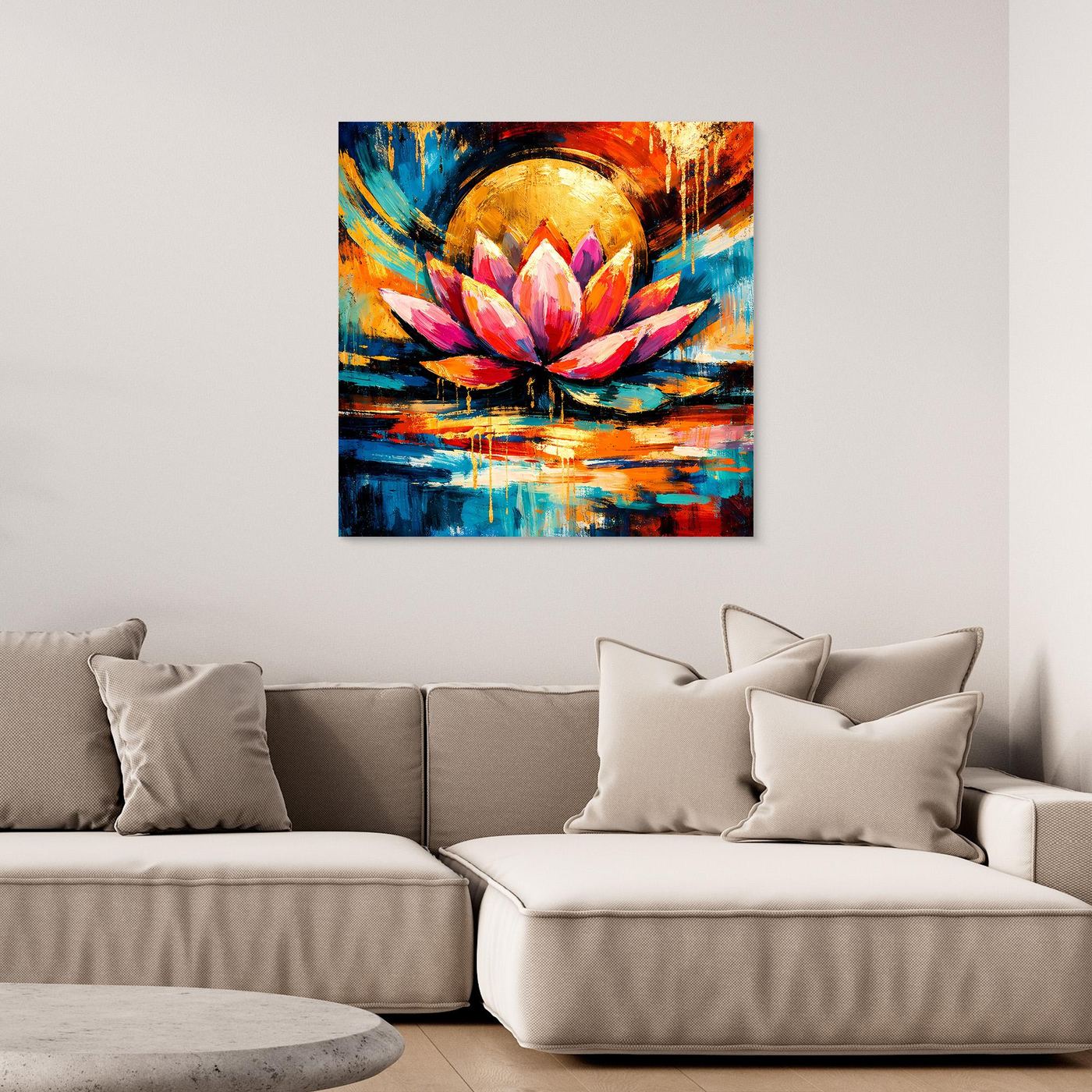 Abstraktes Pop-Art Leinwandbild mit Lotusblüte, goldenem Kreis und bunten Pinselstrichen