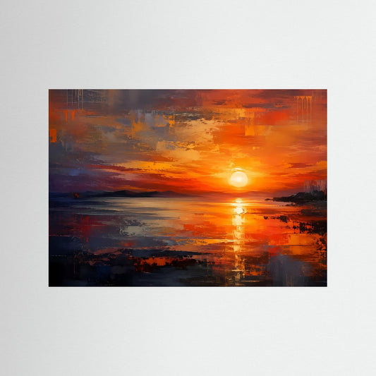 Abstraktes Landschafts-Poster im Querformat: oranger Sonnenuntergang über dem Meer.