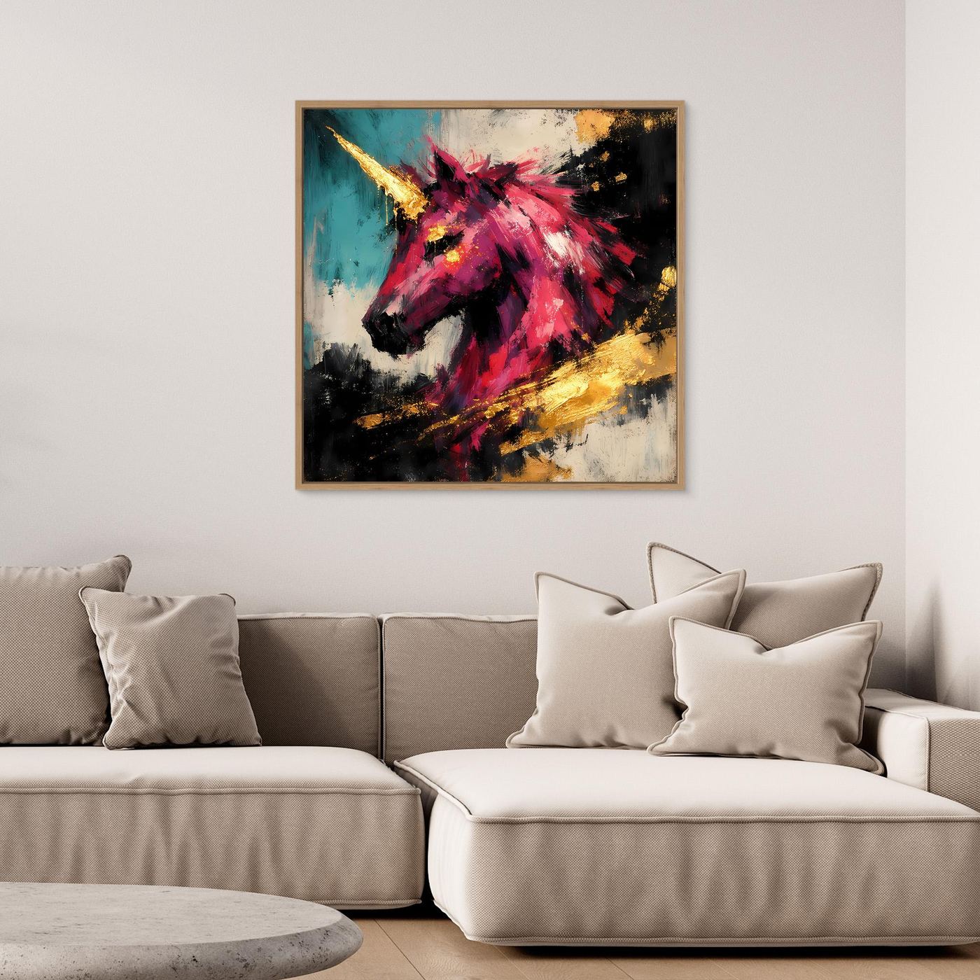 Leinwand-Fantasy-Wandbild mit Einhorn in Pink und Gold im goldfarbenen Holzrahmen