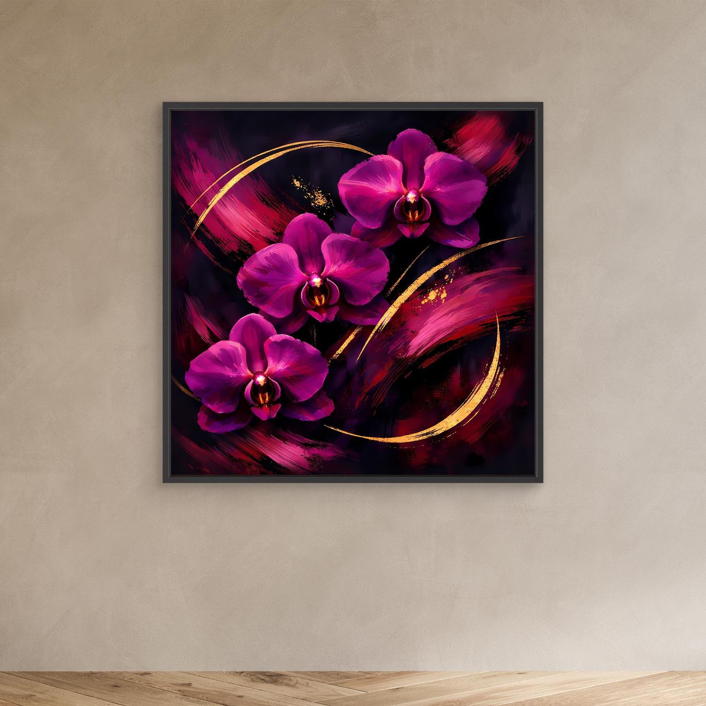 Leinwandbild mit magenta Orchideen und goldenen geschwungenen Linien, schwarzer Rahmen