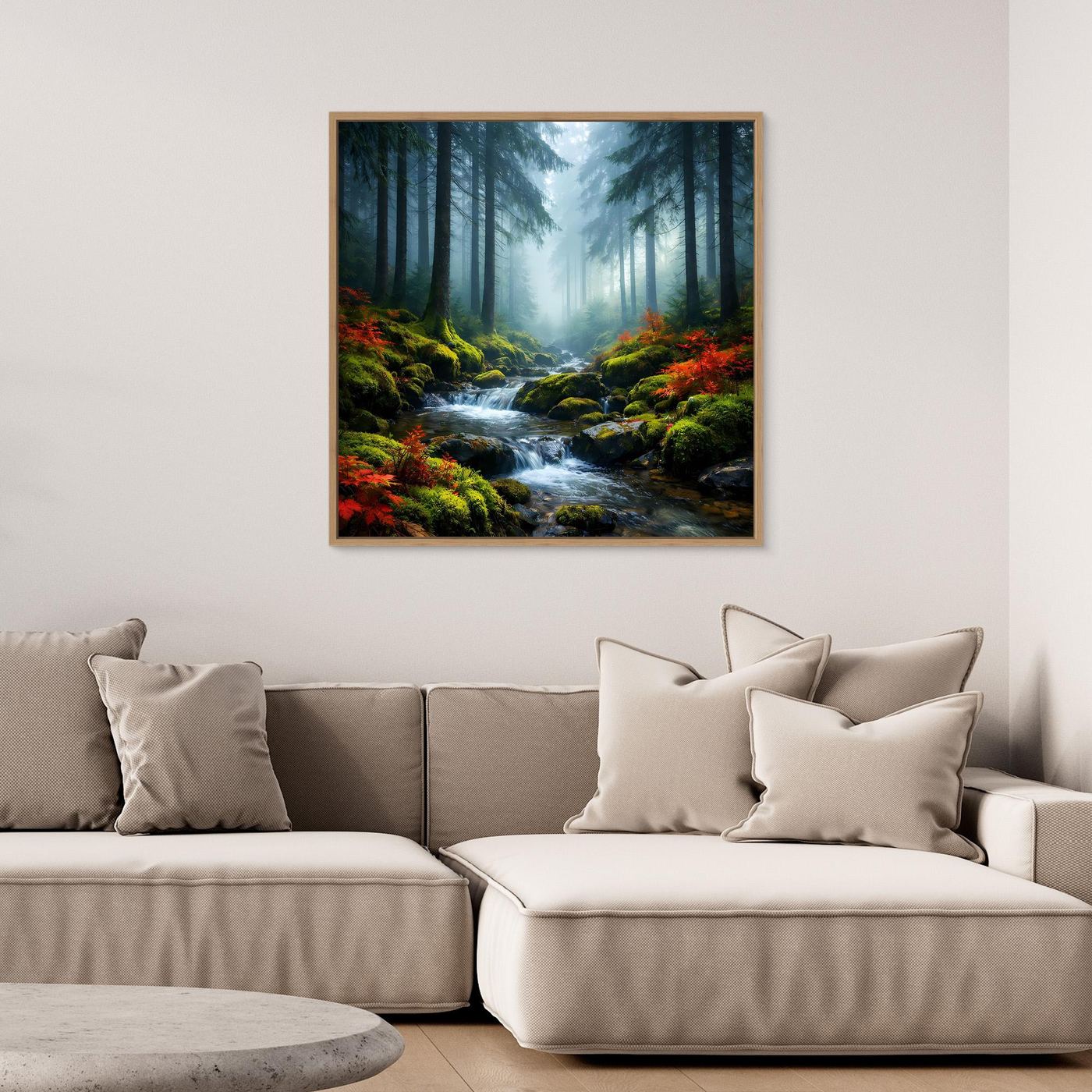Gerahmtes Leinwandbild: Waldbach im Wald mit Nebel, dunklen Tannen und roten Akzenten