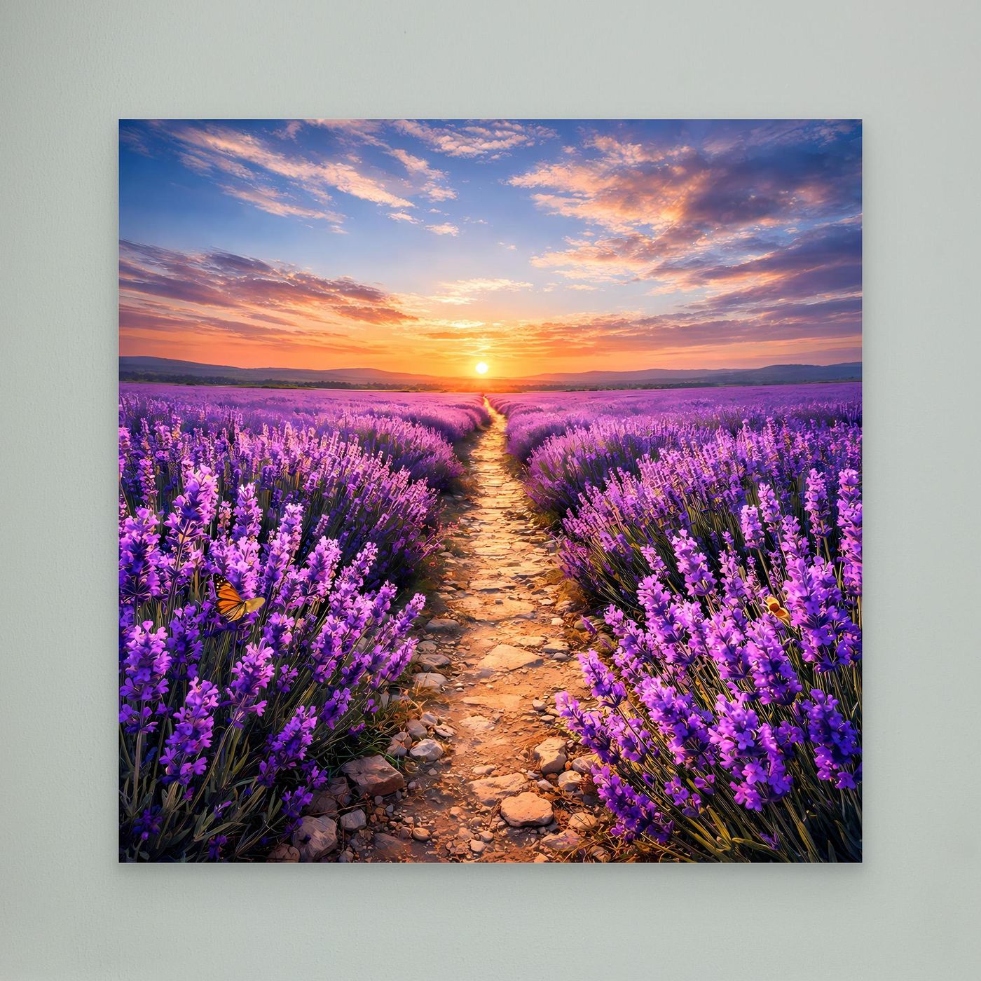 Leinwandbild Lavendelfeld mit Kiesweg und Sonnenuntergang, mit dunklem Rand