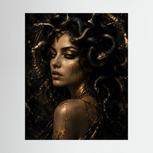 Gerahmtes Medusa-Poster: Frauengesicht mit goldenen Schlangen in Schwarz-Gold