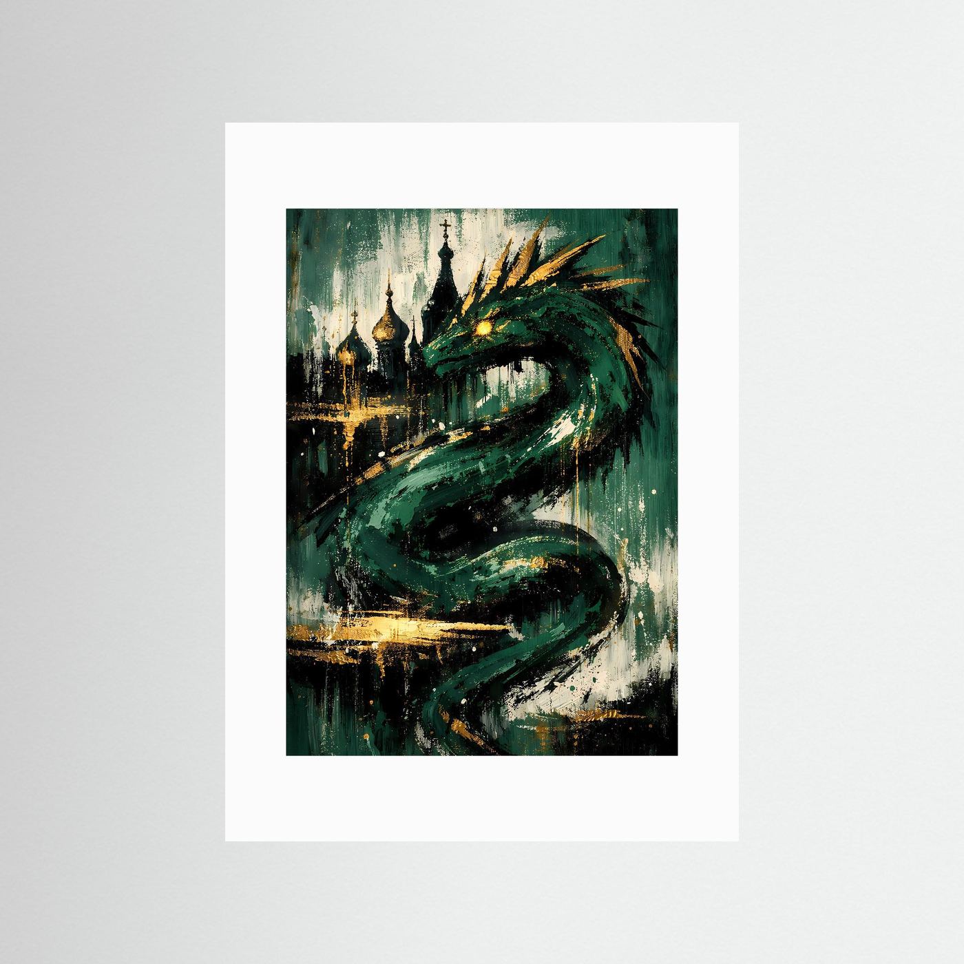 Drachenposter „Der grüne Wächter“ mit weißem Passepartout: grüner Drache, goldene Akzente