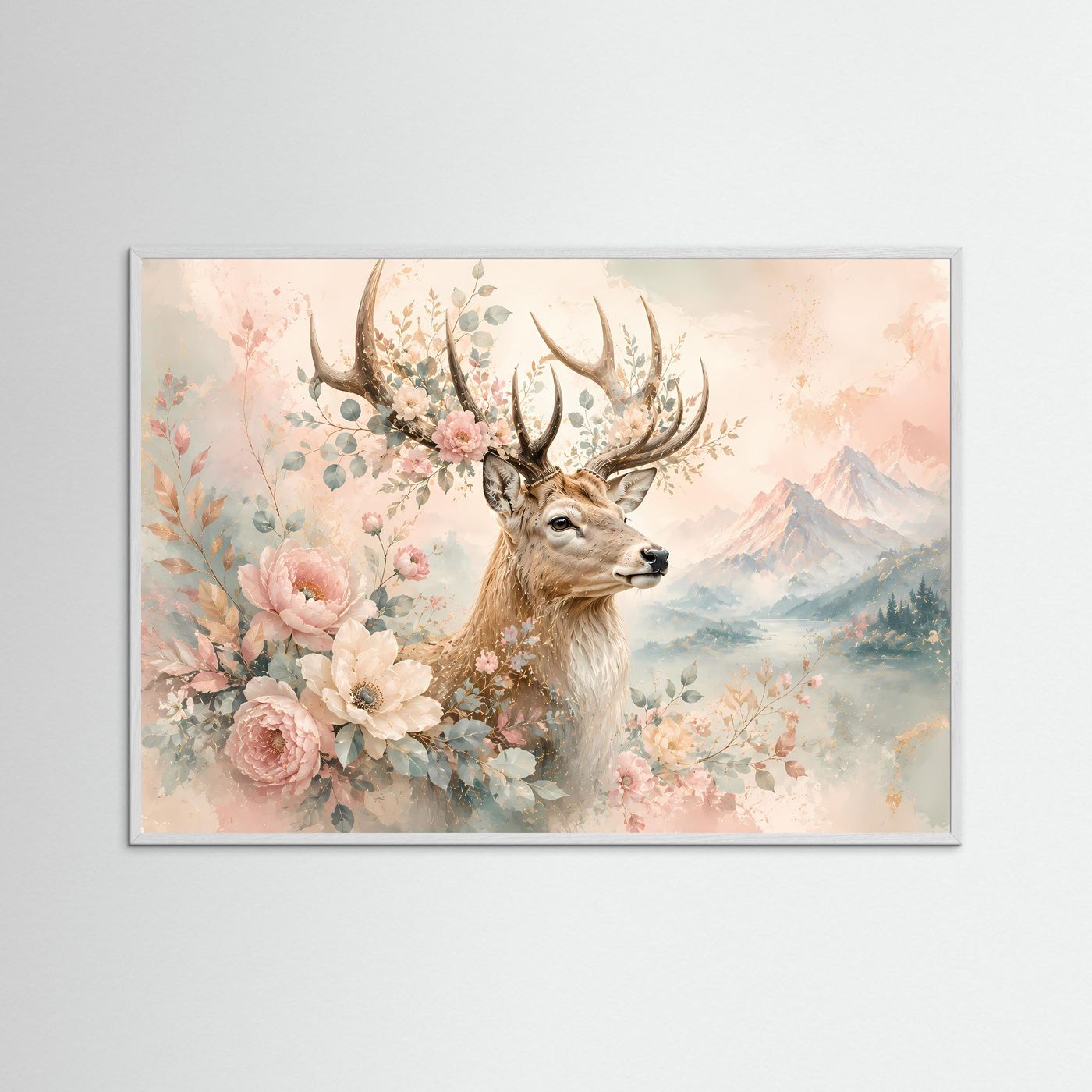 Hirsch mit Blumen Poster | Floraler Hirsch in Pastellfarben | Elegante Natur Wandkunst | Romantische Berglandschaft | Premium Leinwand & Wall Art