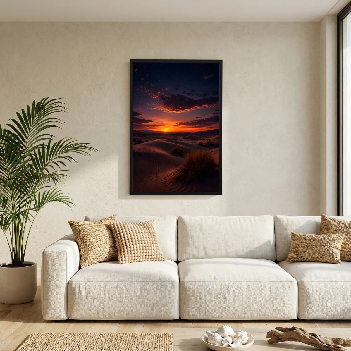 Wandposter im Hochformat mit schwarzem Rahmen und Wüstenlandschaft bei Sonnenuntergang