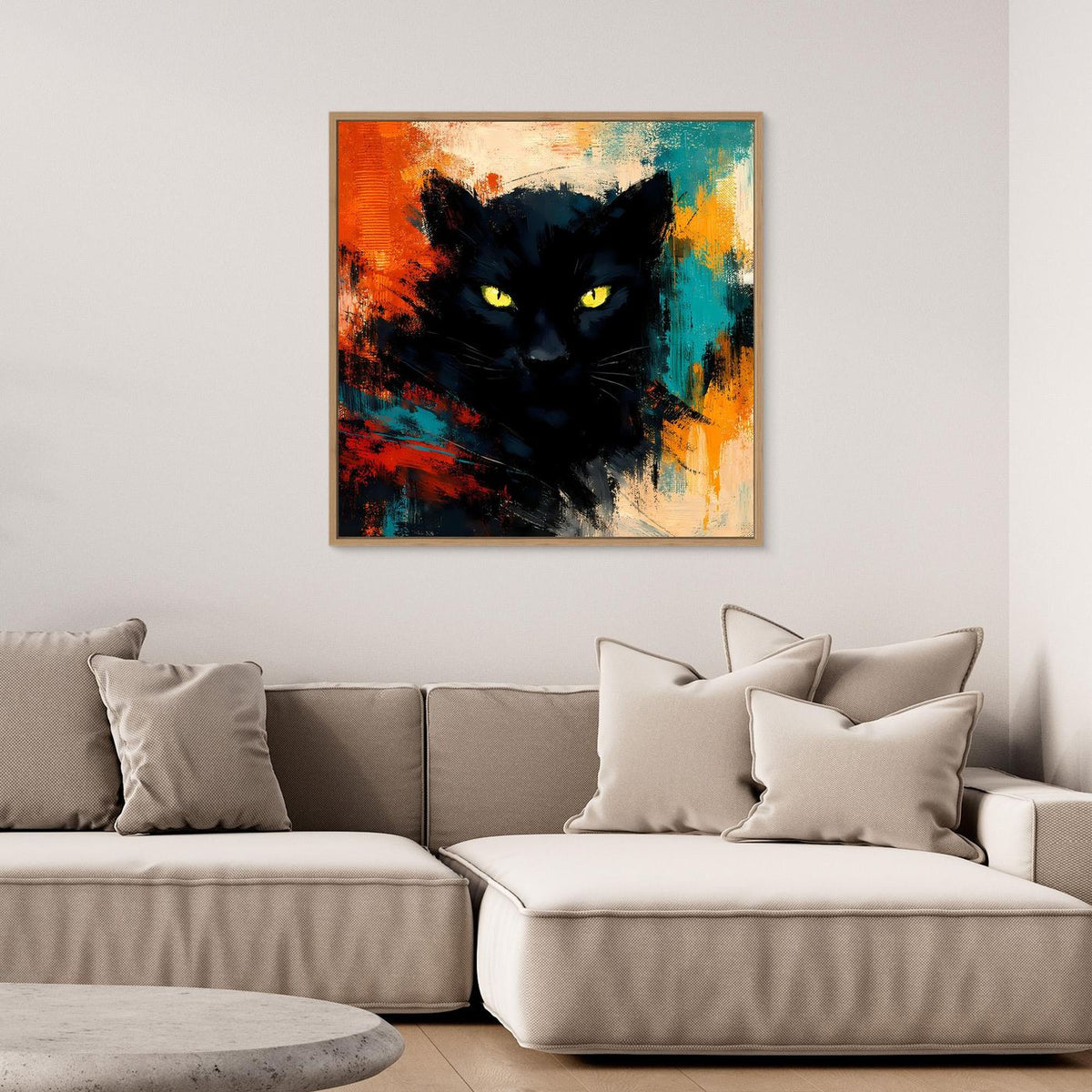 Leinwandposter mit schwarzem Panther und gelben Augen, abstrakter Farbexplosion, schwarzer Rahmen