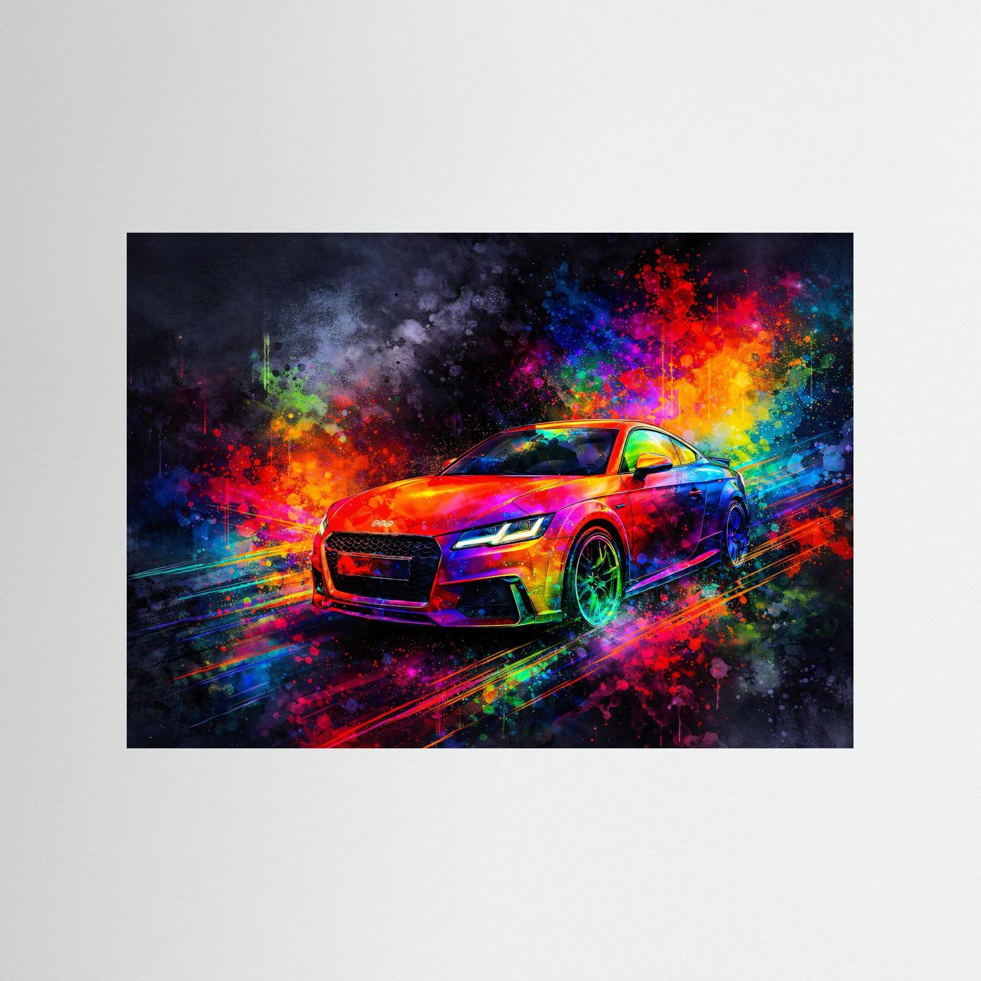 Explosiver Modern Sportwagen | Buntes Neon Auto Wandbild & Kunst Poster Querformat