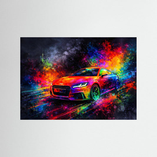 Explosiver Modern Sportwagen | Buntes Neon Auto Wandbild & Kunst Poster Querformat