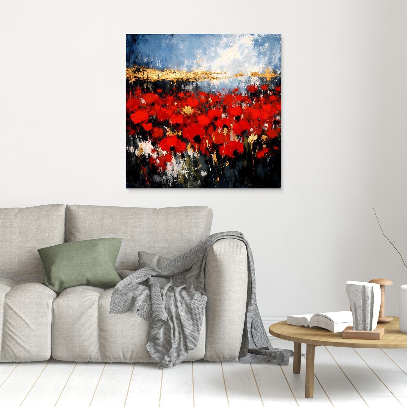 Kleines abstraktes Wandbild mit Rot-Blumenfeld, Blauhimmel und Goldstreifen, ohne Rahmen