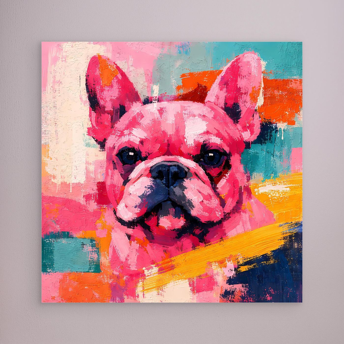 Leinwandbild mit Pop-Art Französischer Bulldogge, farbiges Portrait, quadratisch, ohne sichtbaren Rahmen