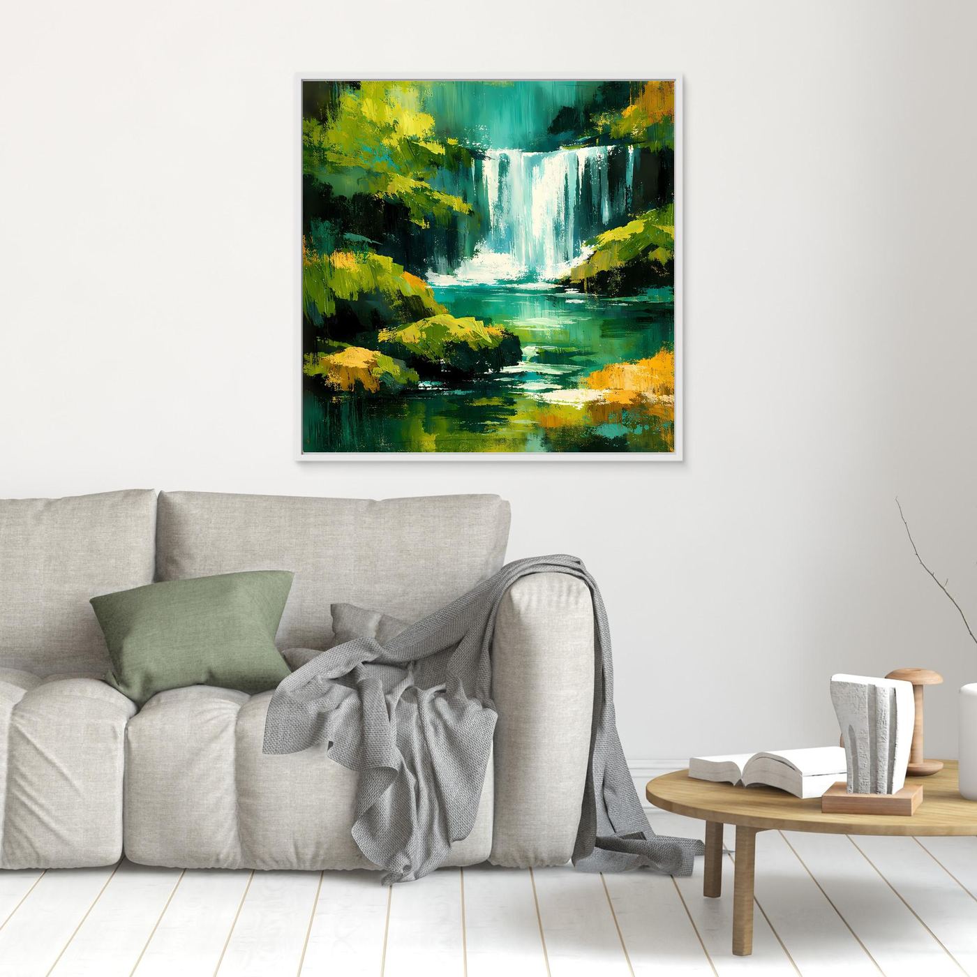 Kleines abstraktes Leinwandbild mit Wasserfall und Dschungelgrün, hell gerahmt
