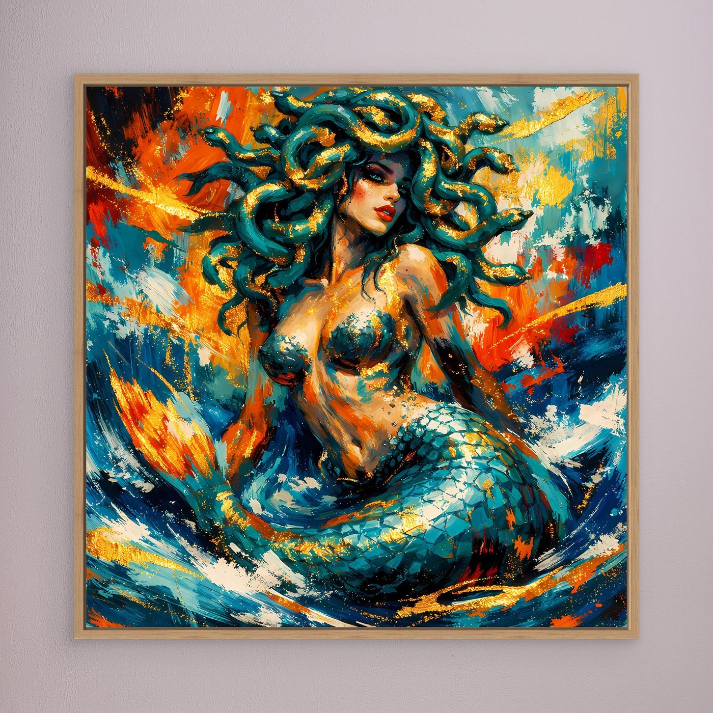 Gerahmtes Leinwandbild (Holzrahmen) mit Medusa-Meerjungfrau, abstrakte Farbflächen in Blau und Orange