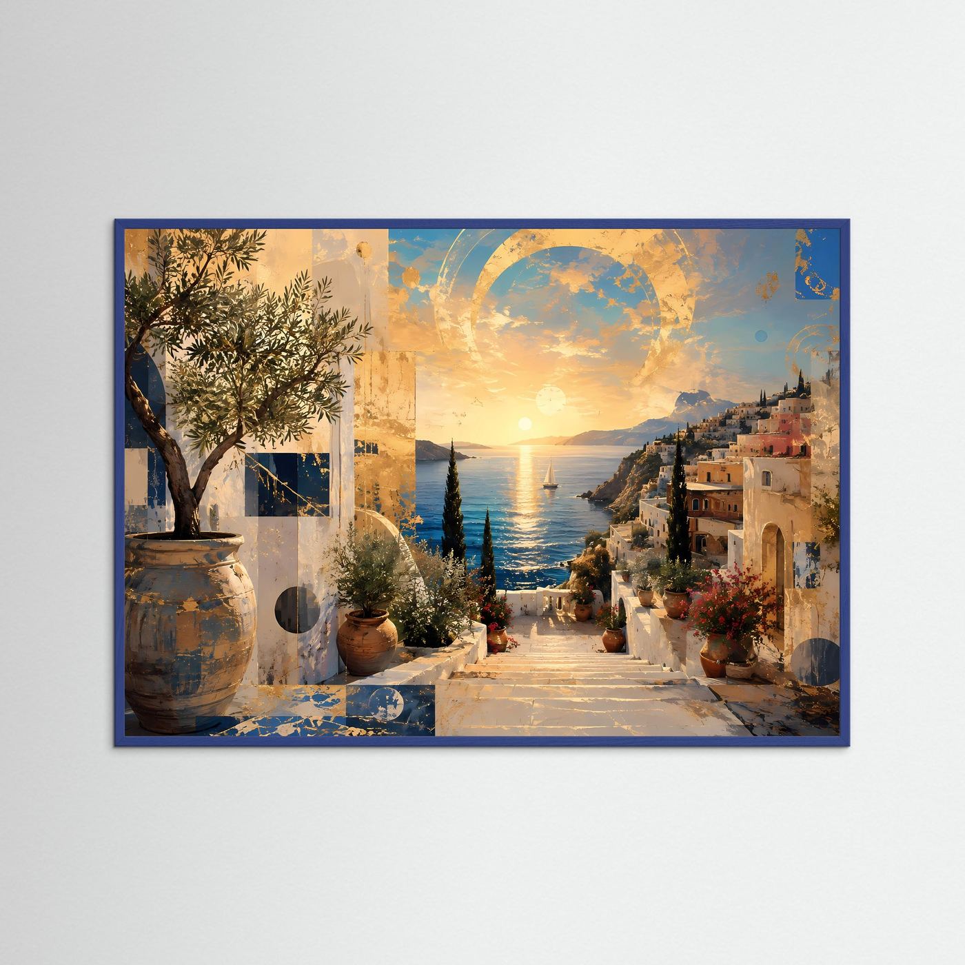 Mediterrane Küste mit Olivenbaum | Abstrakte Wandkunst in Gold & Blau