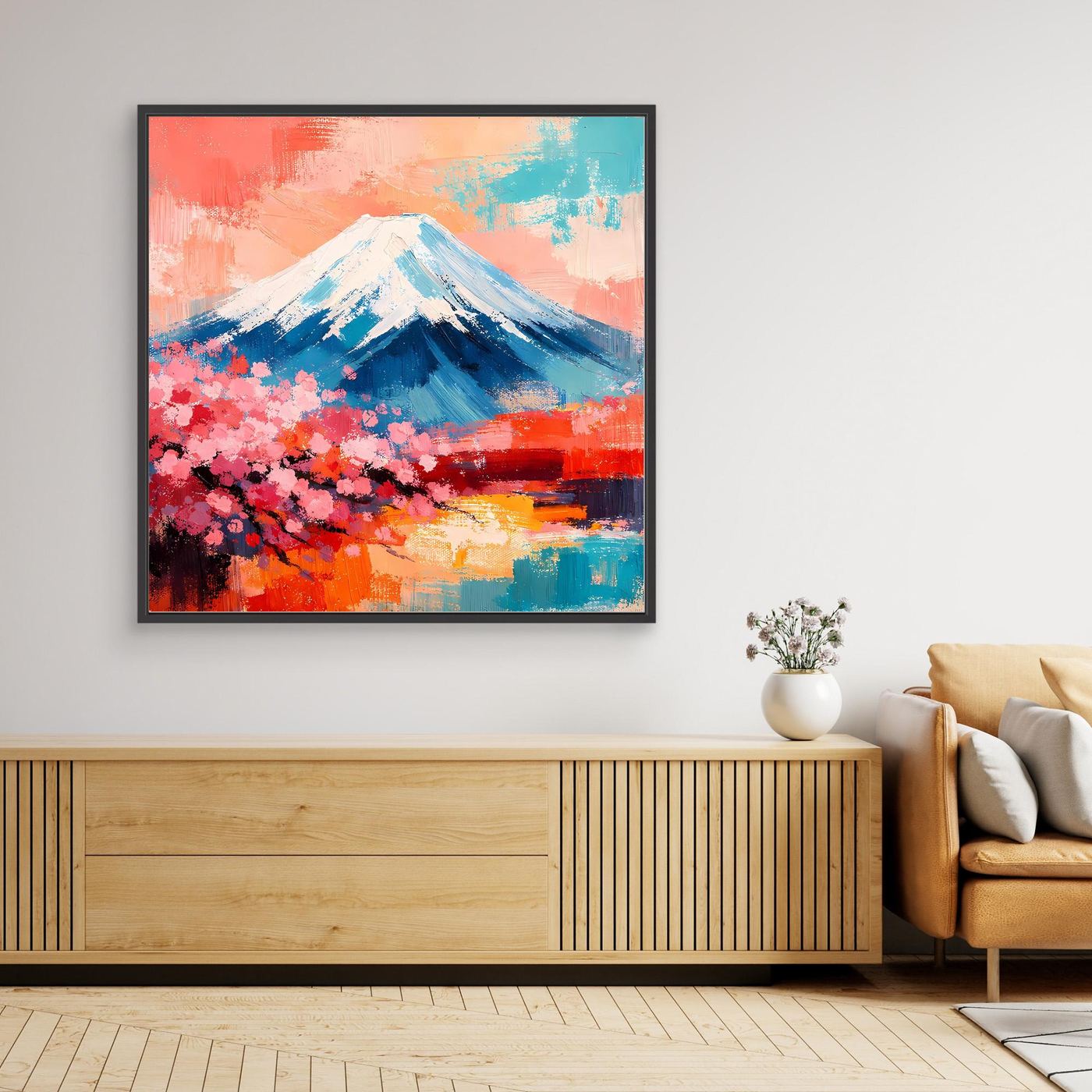 Abstraktes Wandbild mit Berg Fuji und Kirschblüten, Leinwanddruck im schwarzen Rahmen