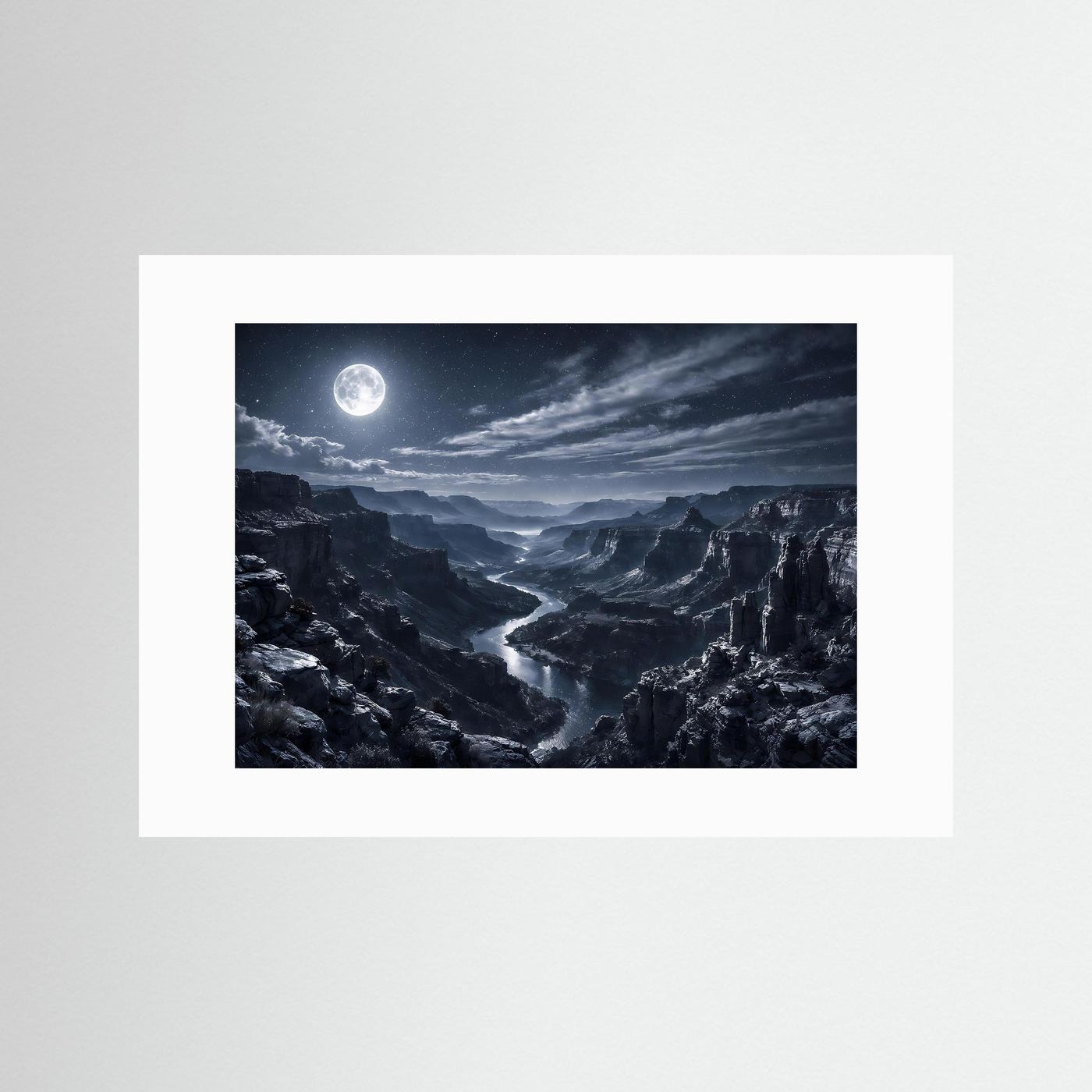 Wandbild: Canyon bei Mondschein, dunkle Felsenlandschaft mit hellem Mond, im weißen Passepartout