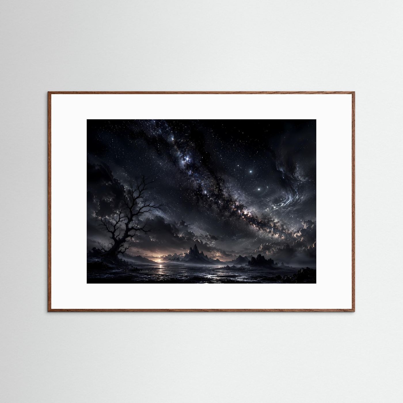 Milchstraße Poster Schwarz Weiß | Mystischer Sternenhimmel Landschaft | Kosmische Nacht Wandbild | Fantasy Himmel | Moderne Himmelskunst