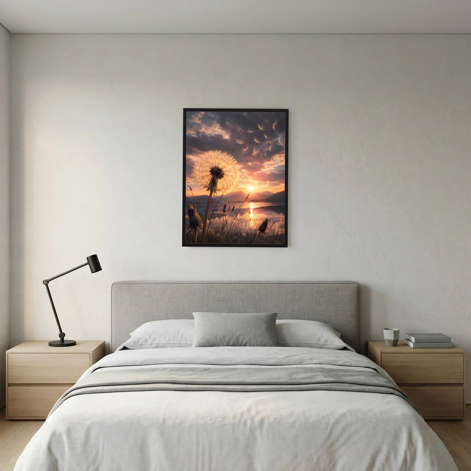 Hochformat-Poster mit Pusteblume im Sonnenuntergang, schwarzer Rahmen über dem Bett