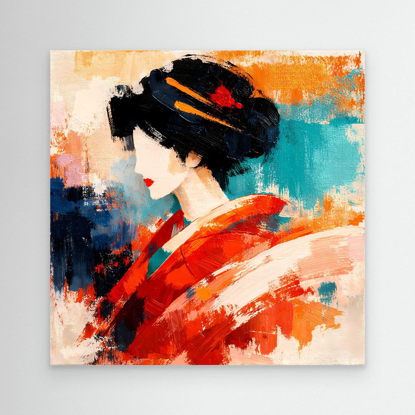Unframed canvas wall art of a geisha in a red kimono with dark hair, abstract colors