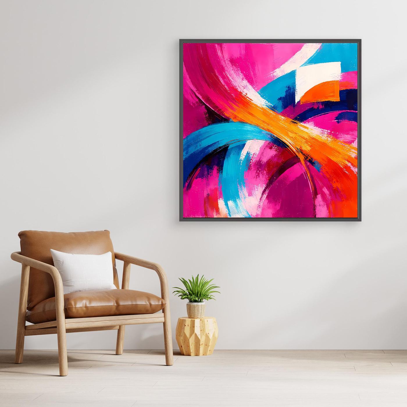 Abstraktes Leinwandbild mit Pinselstrichen in Pink, Blau und Orange, im Rahmen