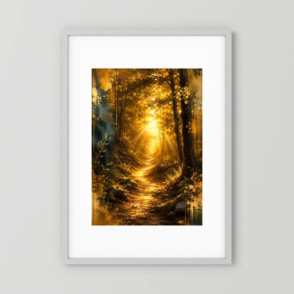 Wandposter Waldweg mit Sonnenlicht, weißer Rahmen mit weißem Passepartout