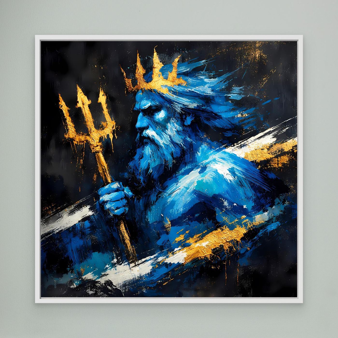 Leinwand Poseidon Gott des Meeres | Abstraktes Mythologie Wandbild Blau Gold