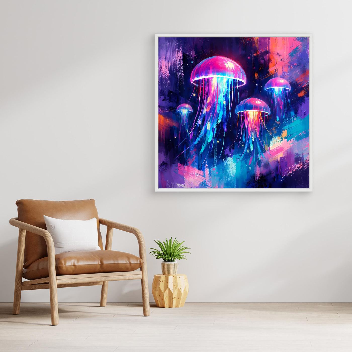Leinwand Magische Leuchtquallen im Tiefsee-Ozean | Abstraktes Neon Wandbild