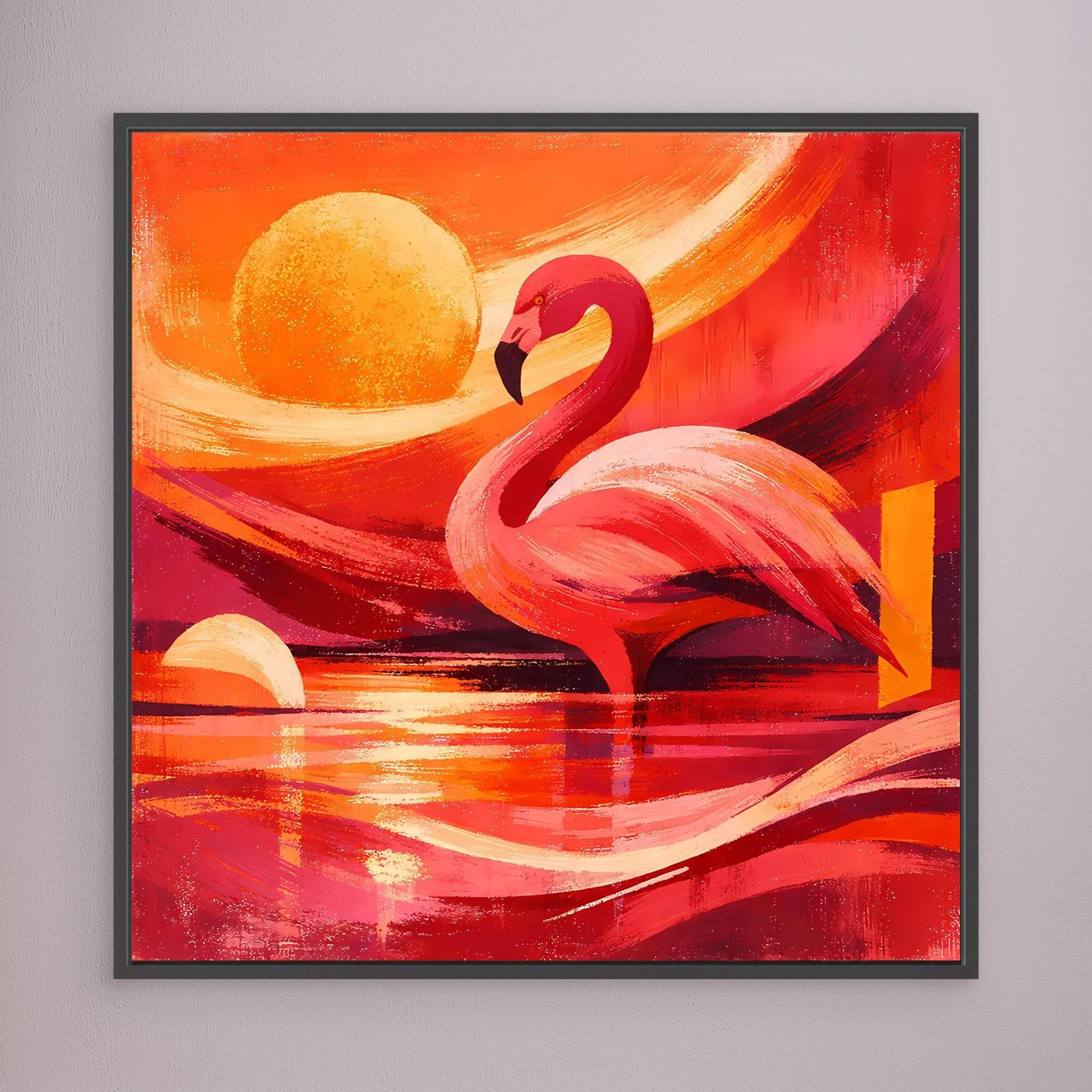 Wandbild Leinwand mit rotem Flamingo und Sonnenmotiv, schwarzer Rahmen