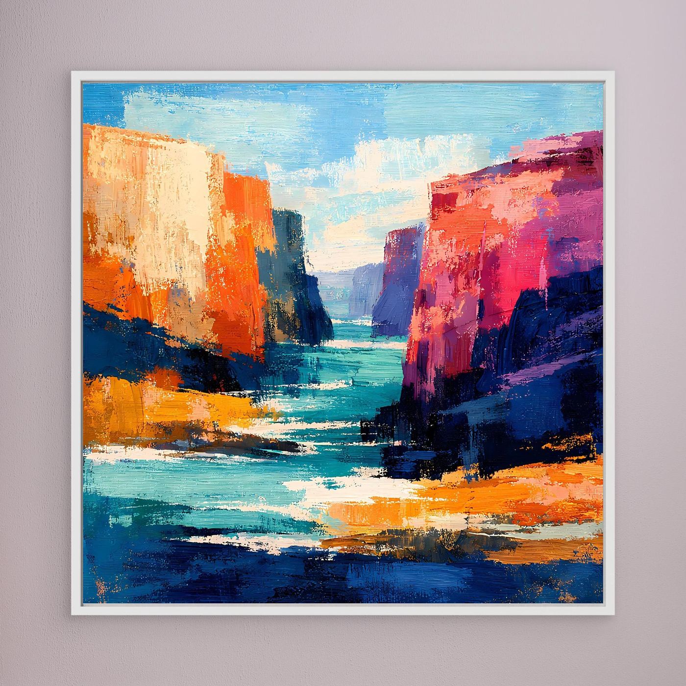 Wandbild mit abstrakten Canyon-Felsen am Fluss, kräftige Blau- und Orangetöne, weißer Rahmen