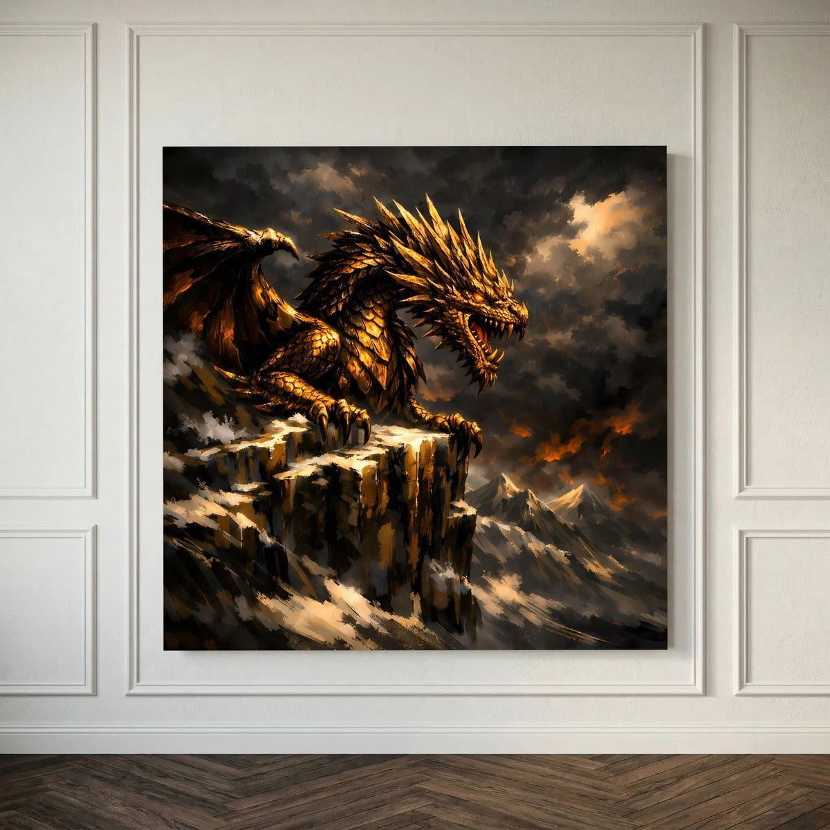 Detailreiche Darstellung: goldener Drache auf Klippen, dramatische Wolken, Keilrahmen