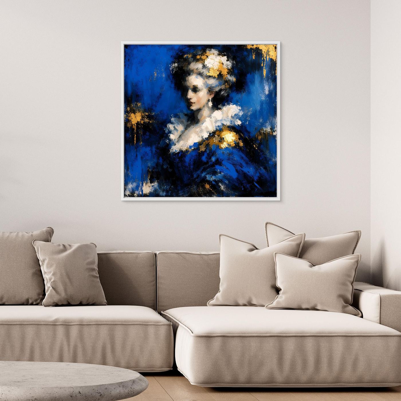 Leinwand Elegante Barock-Dame in Blau und Gold | Abstraktes Porträt Wandbild